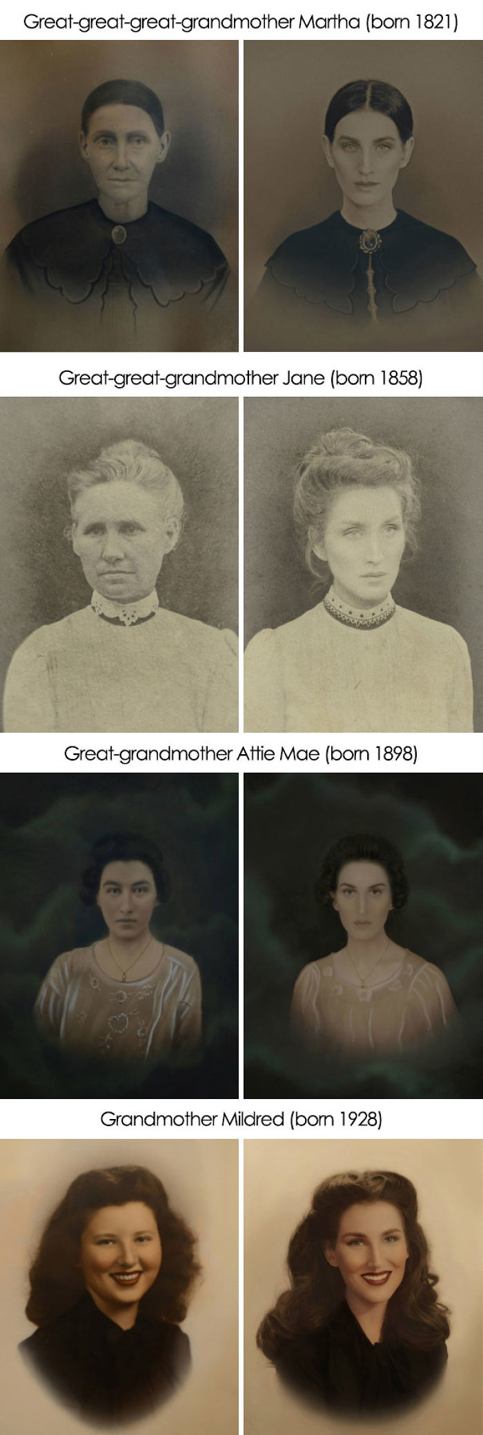 He recreado estas fotos de mis ancestros, retrocediendo hasta 200 años