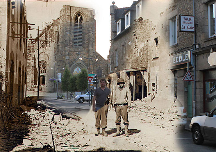 Junto a mi abuelo en las calles de Pleurtuit, Francia, en 1944 y 2013