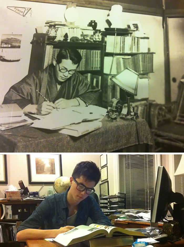 Reproduciendo una foto de mi abuelo cuando tenía mi edad, estudiando en la universidad Hitotsubashi