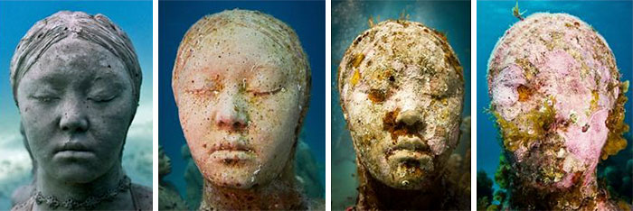 Progression Of Coral Growing On Underwater Woman Sculpture