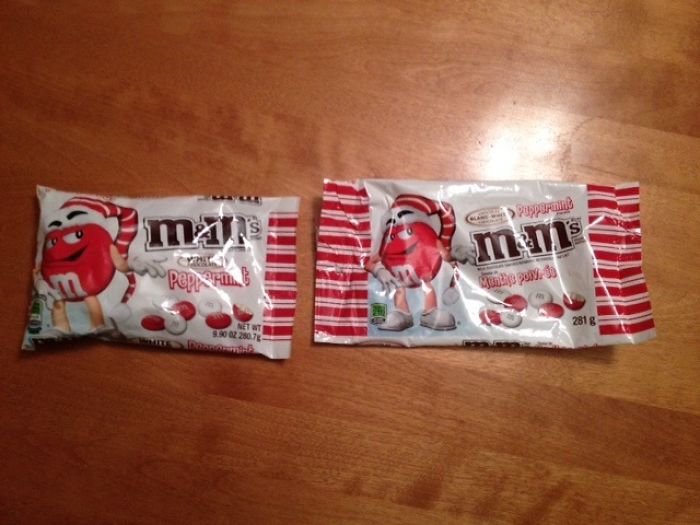 Bought Peppermint M&M's. Inside The 281g Package Was A Slightly Smaller 280.7g Package