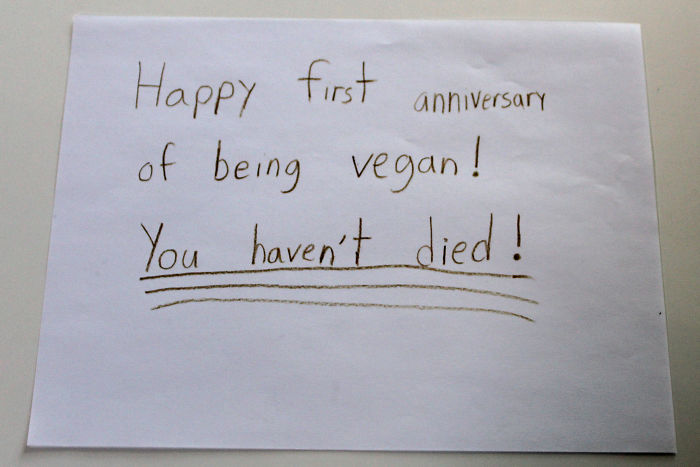 One-Year Veganniversary Card From My 9 Year Old Daughter