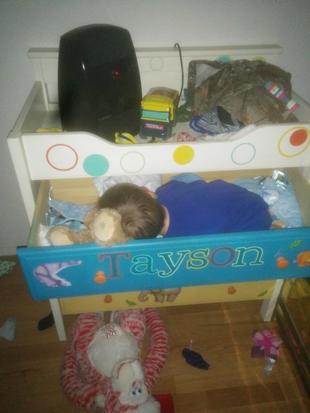 My Wife And I Were Just Talking About How Our Son Had Never Fell Asleep In An Odd Place. I Think He Wanted To Prove Us Wrong