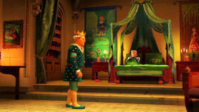 En Shrek 2, la habitación del rey está decorada con colores de pantano, detalles que recuerdan ranas y nenúfares. Luego se revela que fue una rana