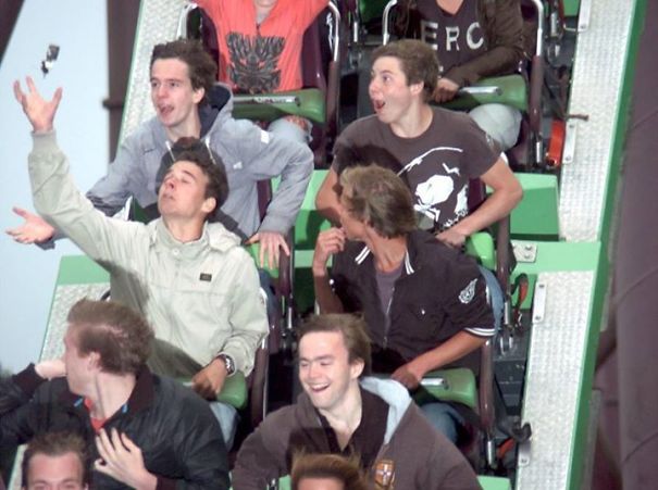 A Friend (Front Left) Lost His Keys In A Rollercoaster At The Perfect Moment. Far Left Caught It Mid Air