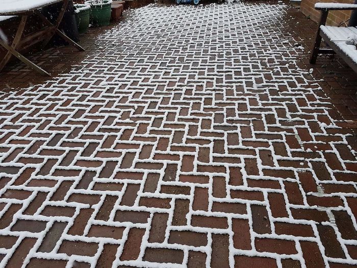 The Snow                                                            Has Settled                                                            Only On The                                                            Outline Of The                                                            Bricks On My                                                            Friends                                                            Driveway
