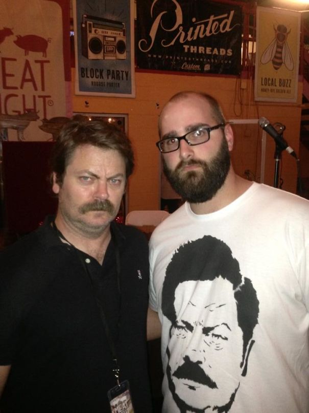 A Buddy Of Mine Was Wearing This Ron Swanson Shirt I Made For Him And Met Ron Swanson Himself Tonight! This Is The Pinnacle Of My Own Personal Swanson Pyramid Of Greatness