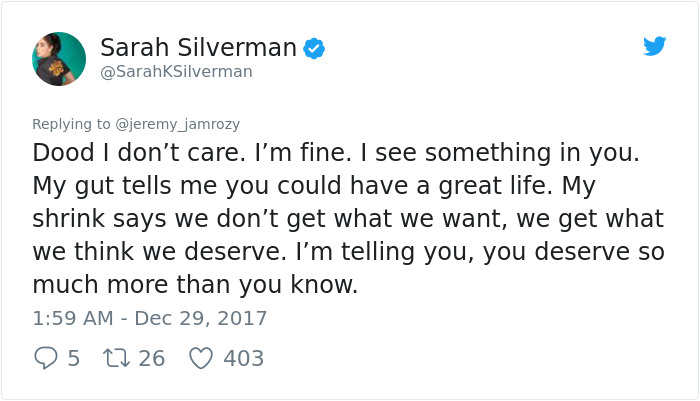 Sexist Troll Attacks Sarah Silverman On Twitter, And Her Unexpected Response Turns Man's Life Upside Down