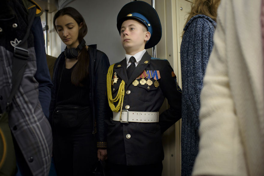 A Young Schoolboy From A Military School In A Train Of The Subway