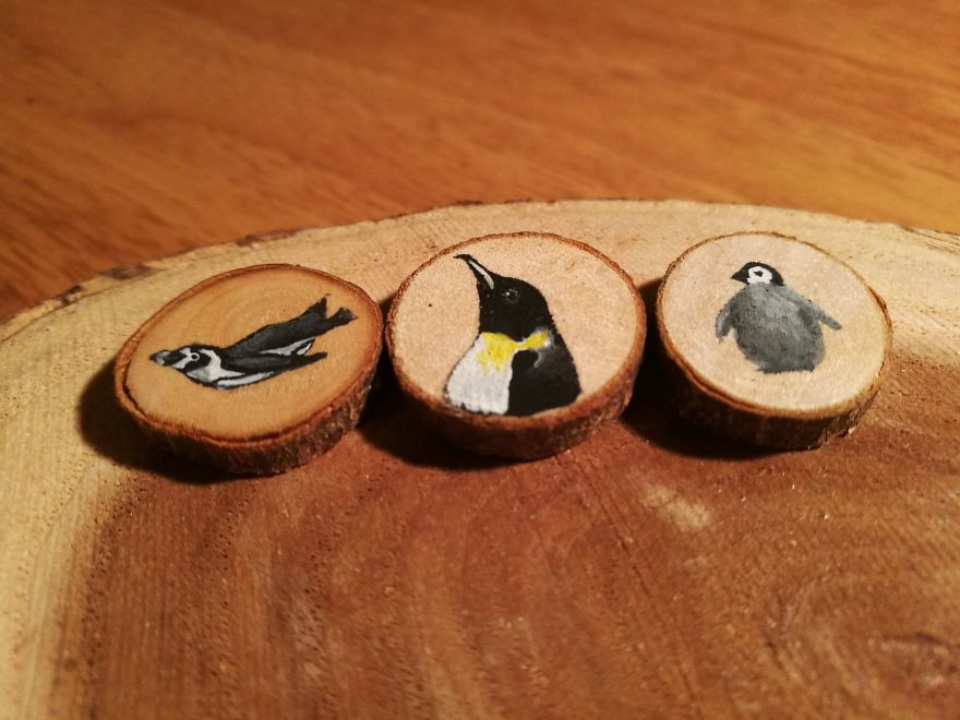 I Use Acrylics To Paint Intricate Little Animals On Small Slices Of Wood
