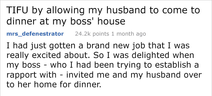 Woman Takes Along Her Husband For An Important Dinner At Her New Boss’ House, Doesn’t Expect It To End Like This