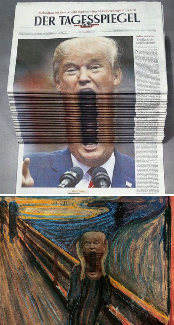 Trump berreando en un fajo de periódicos