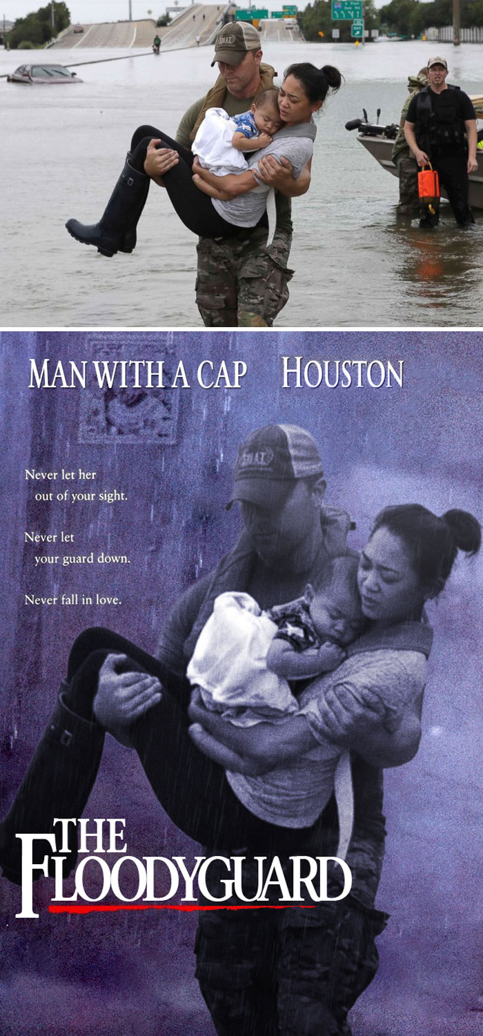 A Man Carrying A Woman Carrying Baby Through Floodwater