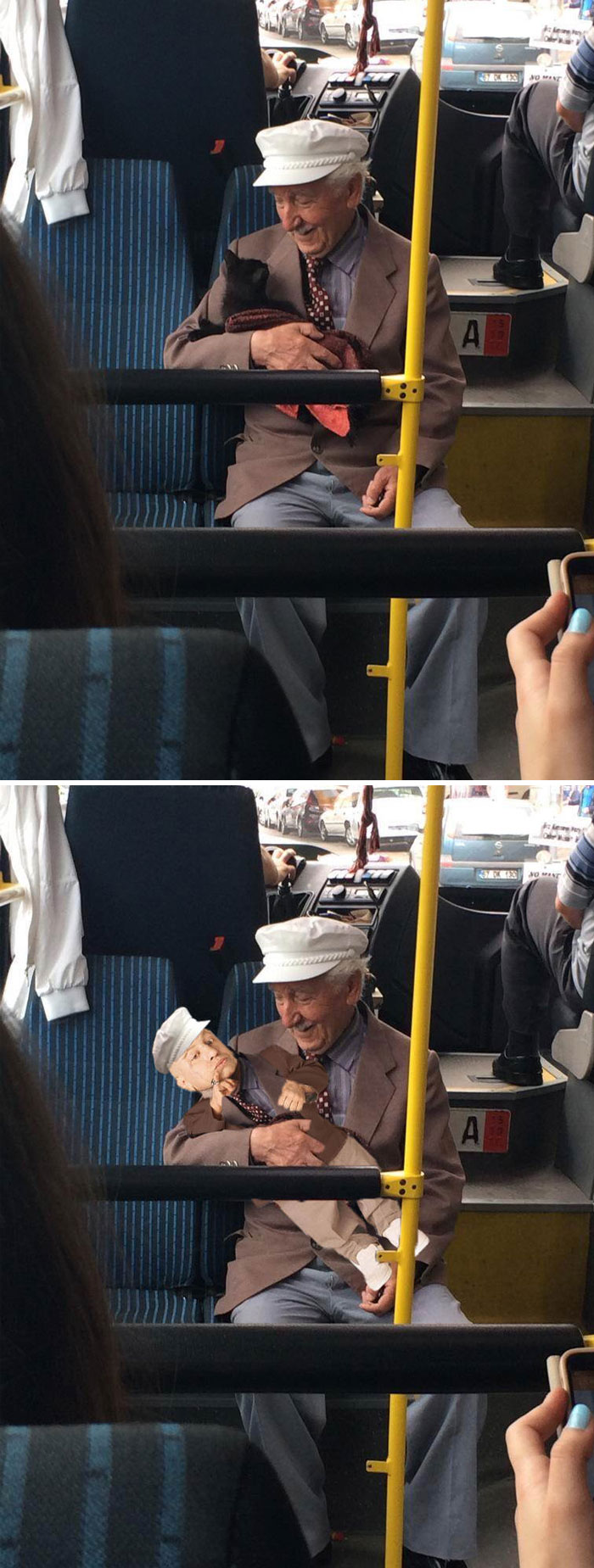 This Man Lovingly Gazing At His Cat While On The Bus