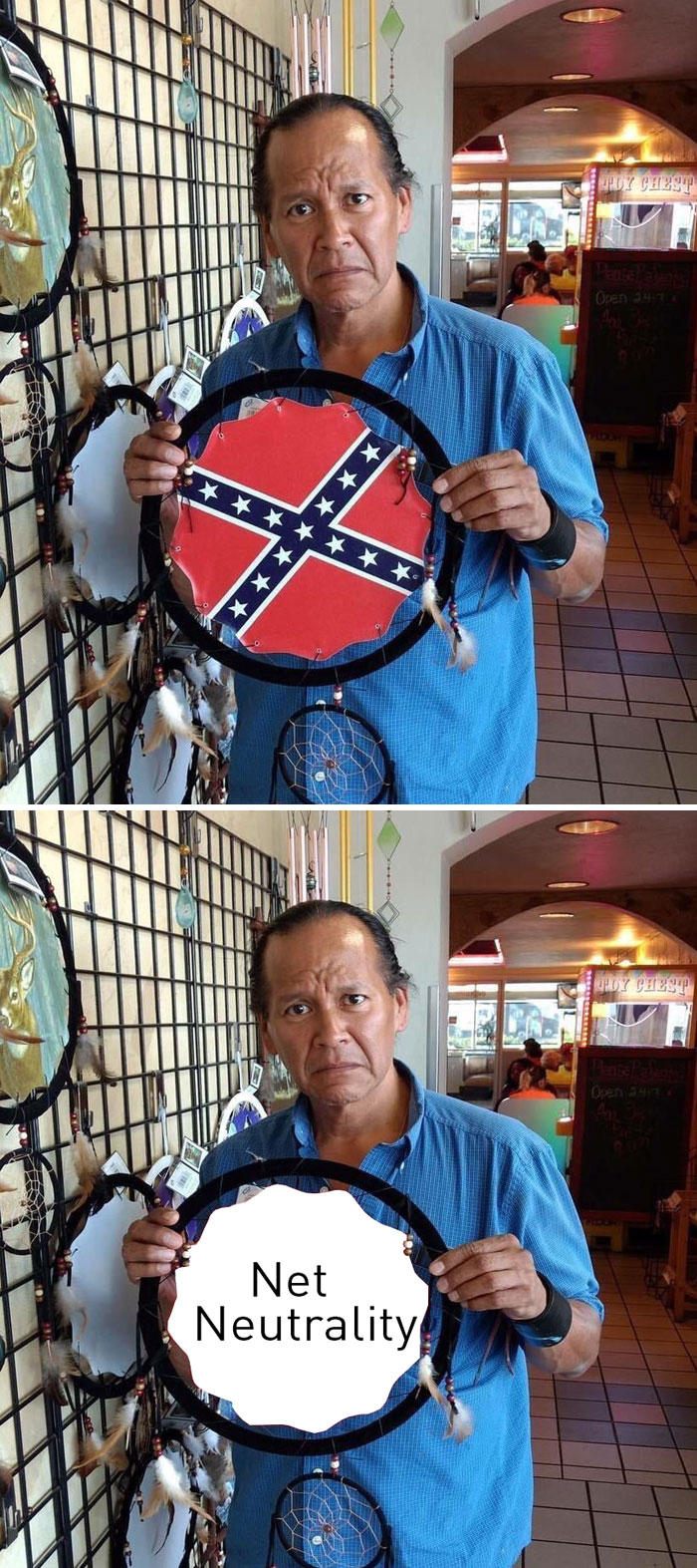 A Shocked/Sadden Native American Man With A Confederate Flag Dream Catcher