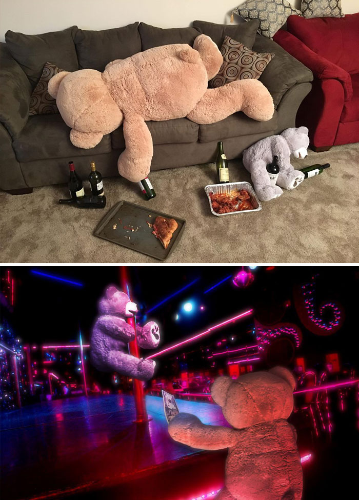 Stuffed Animals Positioned To Look Wasted