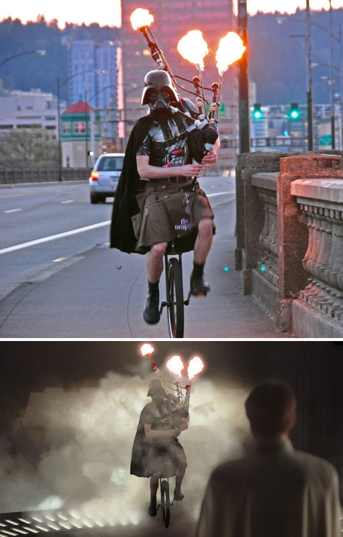 Darth Vader Playing Bagpipe On Unicycle With Fire