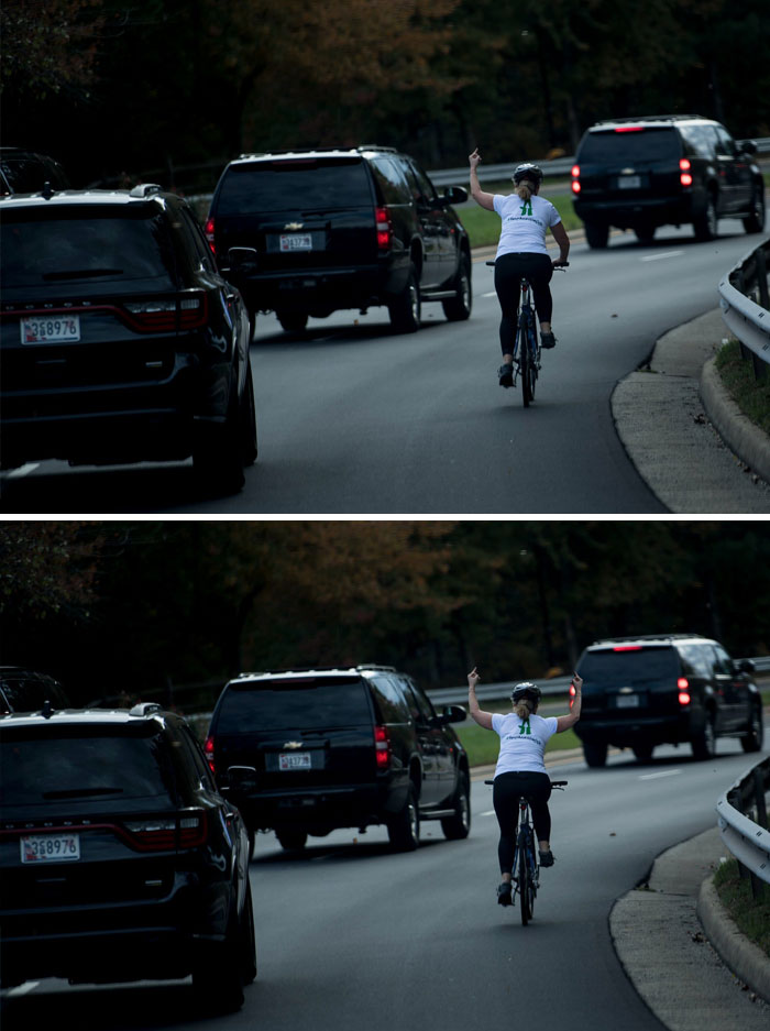 Woman On Bike Flipping Off Trump's Motorcade