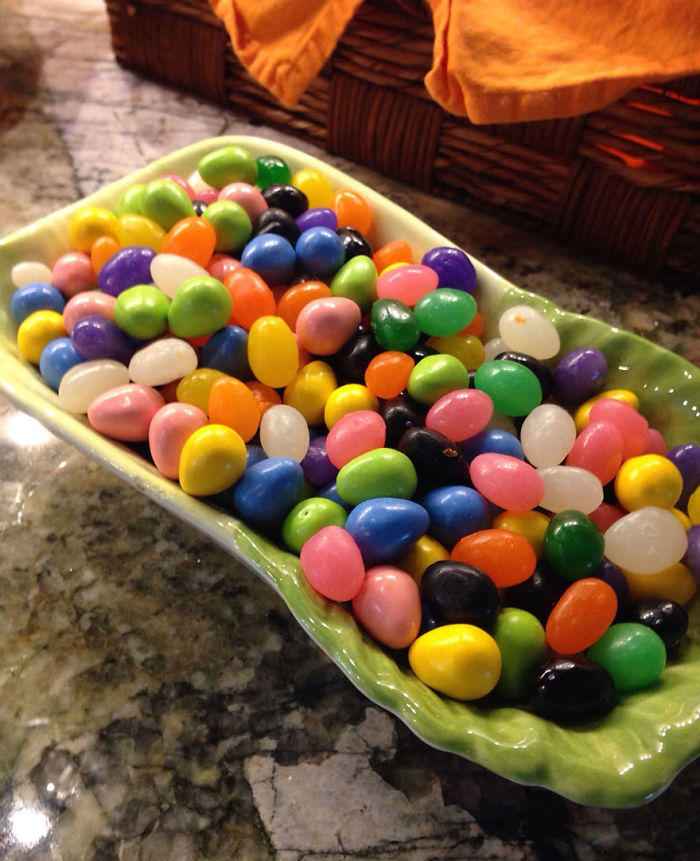 My Mother Is A Monster: 1/3 Fruit Jelly Beans, 1/3 Mint Jelly Beans, 1/3 Peanut Butter Cup Eggs. Why?