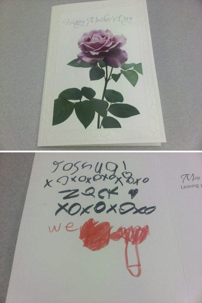 My Co-Worker Got A Nice Card For Mother's Day. Her Kids Had Some Trouble Drawing A Pointing Hand Though...