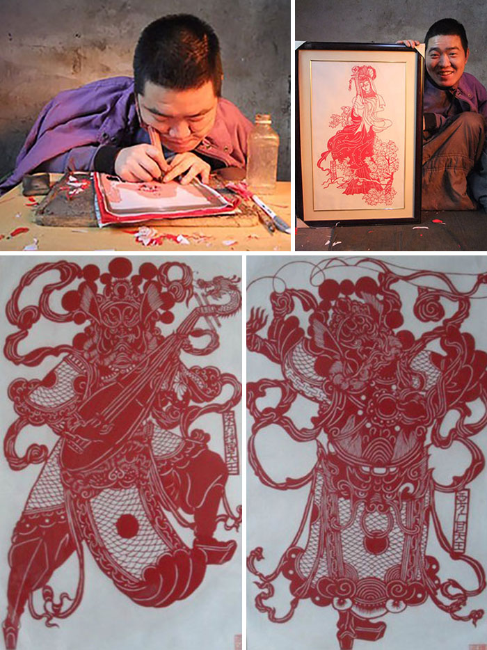 Yang Is Attentively Creating Chinese Paper Cutting Art. At The Age Of 10 He Was Diagnosed With Als Disease So His Art Is Mostly Made By His Face. A Piece Of Elastic Is Wrapped Around His Face To Help His Debilitated Hands Moving The Graver