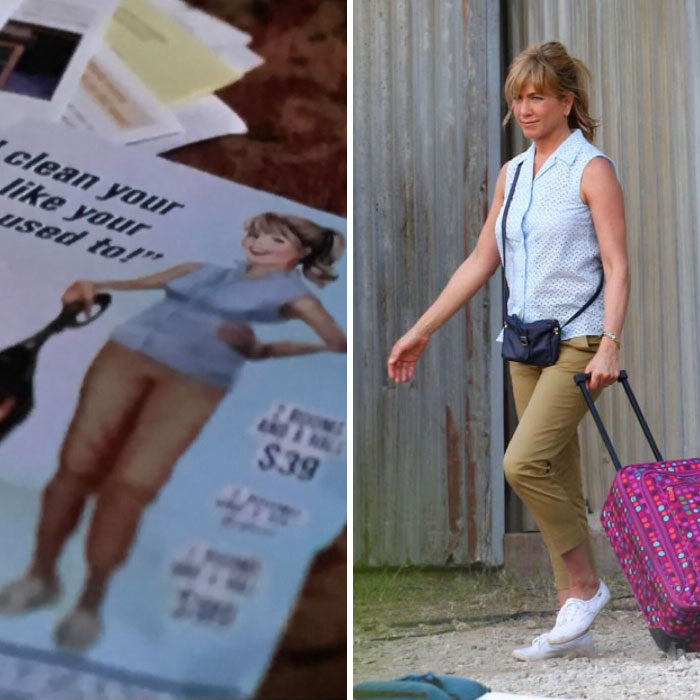 In ‘We’re The Millers’ Jennifer Aniston Wears The Same Outfit She Sees In An Ad For Cleaning Ladies After She Quits The Strip Club