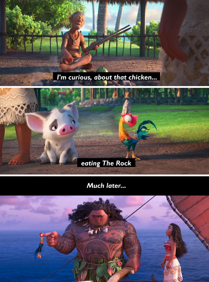 In Moana, A Villager Foreshadows The Chicken's Unsuccessful Attempt To Consume Maui