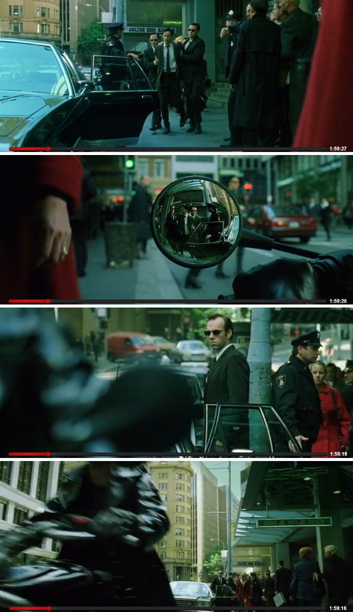 Cuando sacan a Neo de la oficina al principio de Matrix, cada parte de la escena tiene a una mujer de rojo pasando