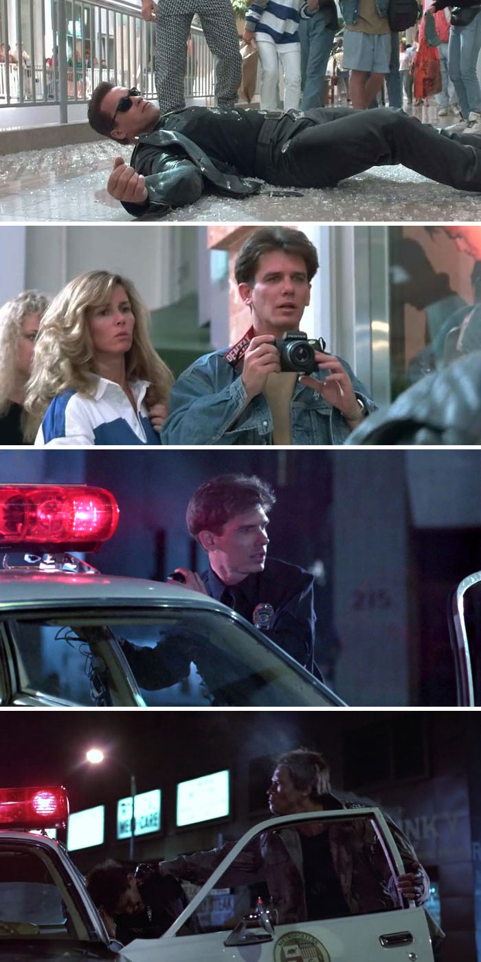 In "Terminator 2" (1991), Astonished Guy With Camera (Who Took Picture Of Arnold Thrown Through Glass Window) Is The Same Guy Who Was Knocked Out By Terminator After Night Club Scene In "The Terminator" (1984). He Was Played By William Wisher, Who Co-Wrote Scripts For Both Movies