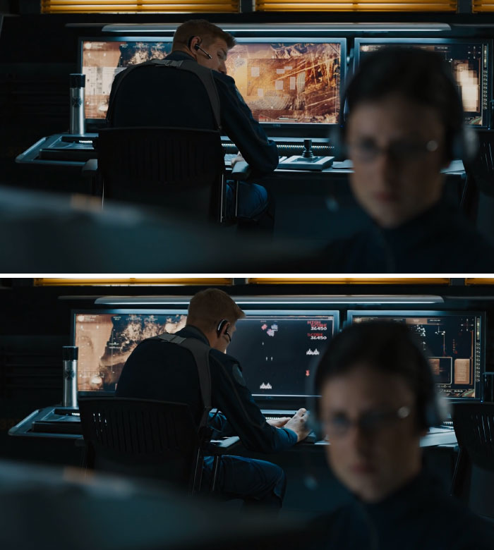 In 'The Avengers', Tony Stark Calls Out One Of The Bridge Crew For Playing Galaga. As Soon As Stark Leaves, He Starts Playing Again And You Can See His Current Score Is The Same As The High Score. He Was In The Middle Of His Best Game Ever