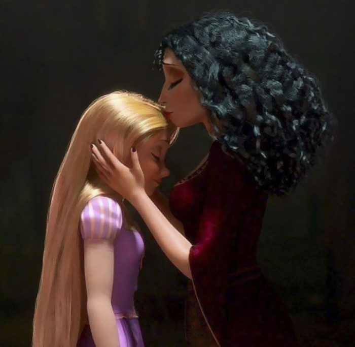 In Disney’s Tangled, After Mother Gothel Says “I Love You Most” To Rapunzel Instead Of Kissing Her Forehead Mother Gothel Kisses Rapunzel’s Hair, Which Is Her Source Of Youth