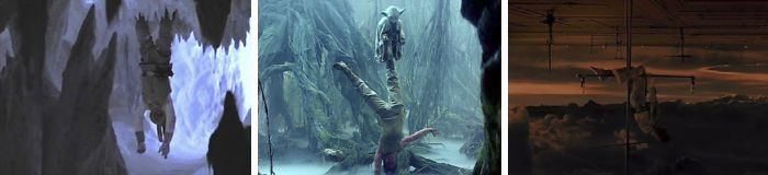 In Empire Strikes Back, Luke Is Upside Down Each Time He Has His Worldview Turned On Itself: When He Realises Rebellion Life Isn't So Glamorous In The Wampa Cave, When He's Training With Yoda And Learns What Being A Jedi Actually Is About, And After Learning Vader Is His Father At Cloud City