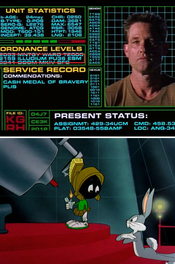In Soldier [1998] One Of The Weapons Kurt Russel's Character Is Listed As Being Proficient With Is The "Illudium Pu36 Esm" Which Refers To The Illudium Pu36 Explosive Space Modulator From Looney Tunes Marvin The Martian