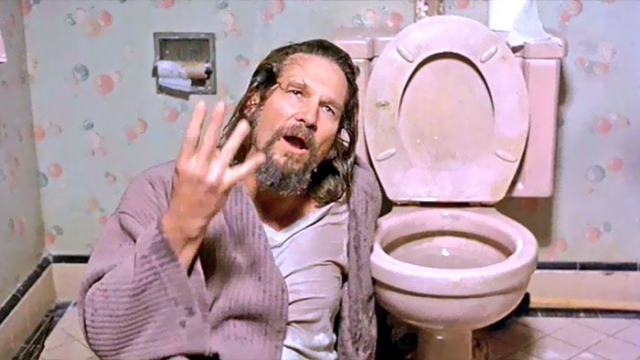 In The Big Lebowski (1998): "My … My Wi– My Wife, Bunny? Do You See A Wedding Ring On My Finger? Does This Place Look Like I'm Fucking Married? The Toilet Seat's Up, Man!" Jeffrey Is So Clueless About Marriage That When He Protests He's Holding Up His (Right) Wrong Hand