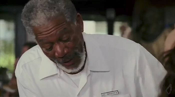 When God Poses As A Waiter In Evan Almighty His Name Tag Says Al Mighty