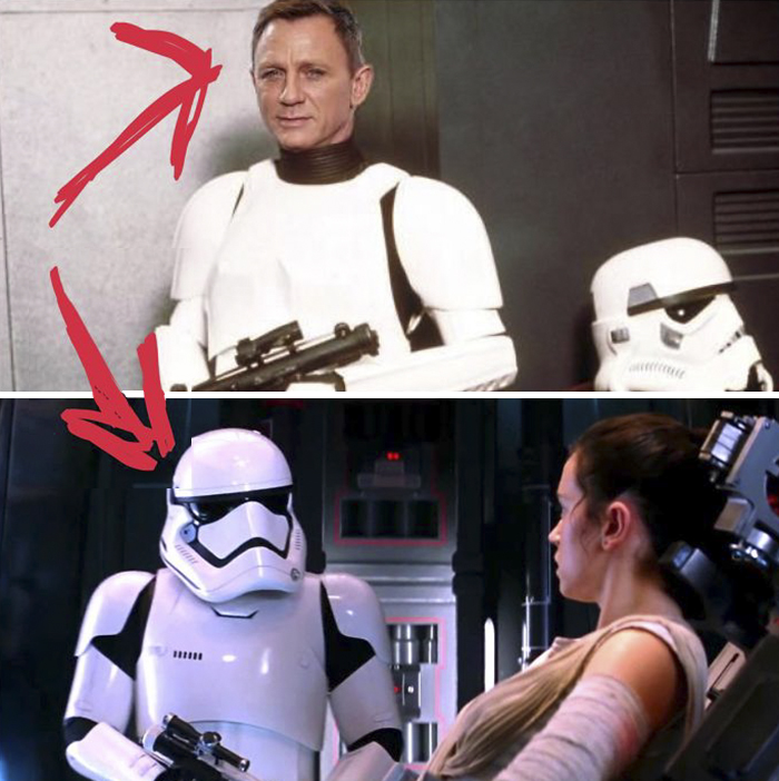 As The Force Awakens Was Being Filmed, So Was Spectre In The Same Studio. James Bond Actor A Daniel Craig Decided To Stop By Starwars And Was Given A Cameo. Though You Can't See His Face, You Can Hear Him. "You Will Remove These Restrains And Leave This Cell With The Door Open." "Scavenger Scum"
