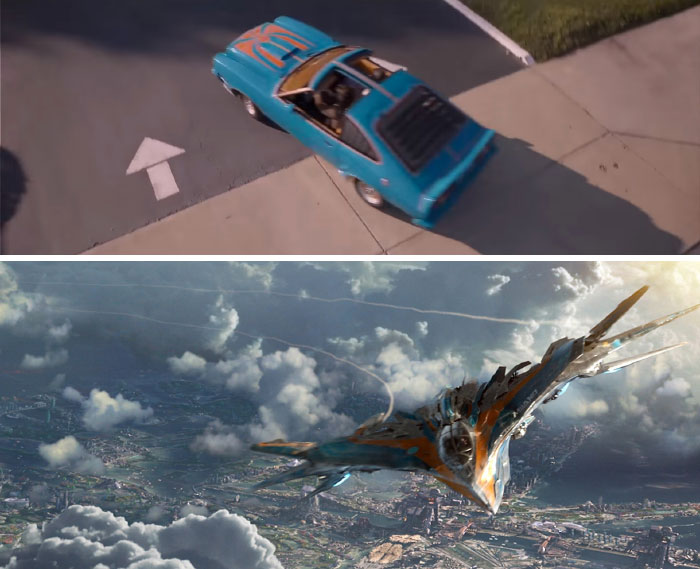 In Guardians Of The Galaxy Vol.2 Ego's Car From The Opening Scene And Peter's Spaceship Share The Same Color Scheme