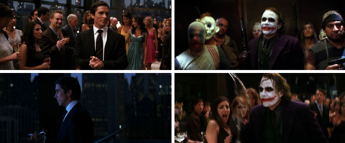 Bruce Wayne And The Joker Make The Same Entrance To Harvey's Party In The Dark Knight: They Come In Followed By Their Entourage, They Ask For Harvey, They Ask For Rachel, Then They Throw Out Champagne