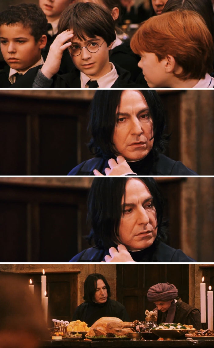 When Harry's Scar Started Hurting In The Beginning Of Sorcerer's Stone, Snape Noticed This; And Looked To The Left, Right At Professor Quirrel. Right After The Ceremony, You See Snape Confronting Him