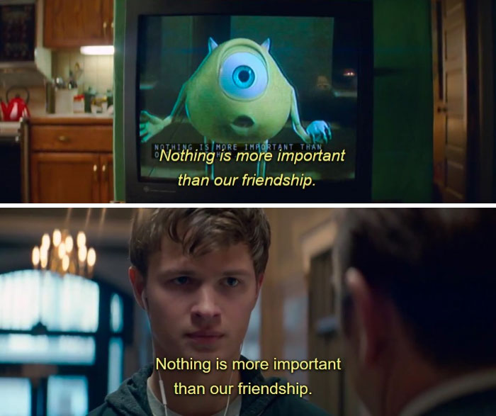 Each Line Spoken In The Short Programme Skipping Scene At 15:07 In Baby Driver Shows Lines Which Are Later Quoted By Baby Throughout The Movie, Like This One From Monsters Inc
