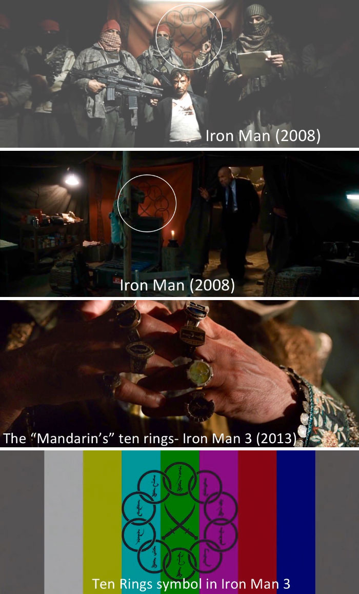 "Ten Rings" The Group The Mandarin Controls In Iron Man 3 (2013) Is The Same Group That Takes Tony Stark Hostage In Iron Man (2008)