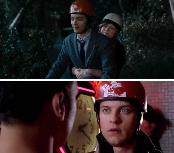 In Spider-Man 3, Peter Still Has The Ripped Joe's Pizza Sticker On His Helmet From Spider-Man 2