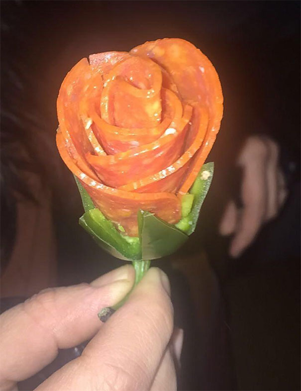 The Chef At My Restaurant Gave Me This Rose That He Crafted Out Of Pepperonis And The End Of A Jalapeño