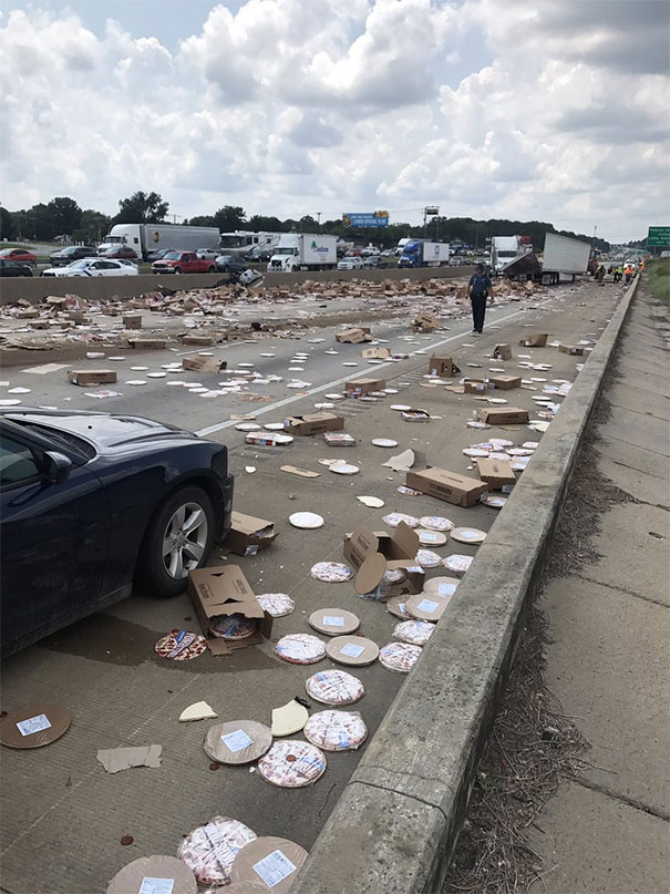 A Tractor Trailer Slammed Into The Mablevale Overpass On I-30, Causing Frozen Pizzas To Cover The Interstate, Blocking All Traffic