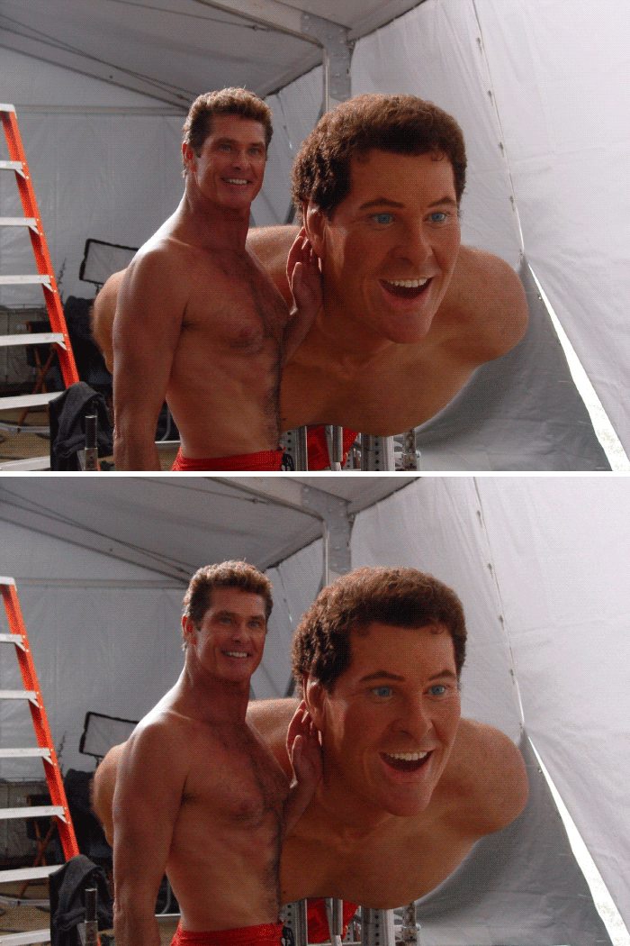 David Hasselhoff Posing With His Wax Stunt Double On The Set Of The Spongebob Movie