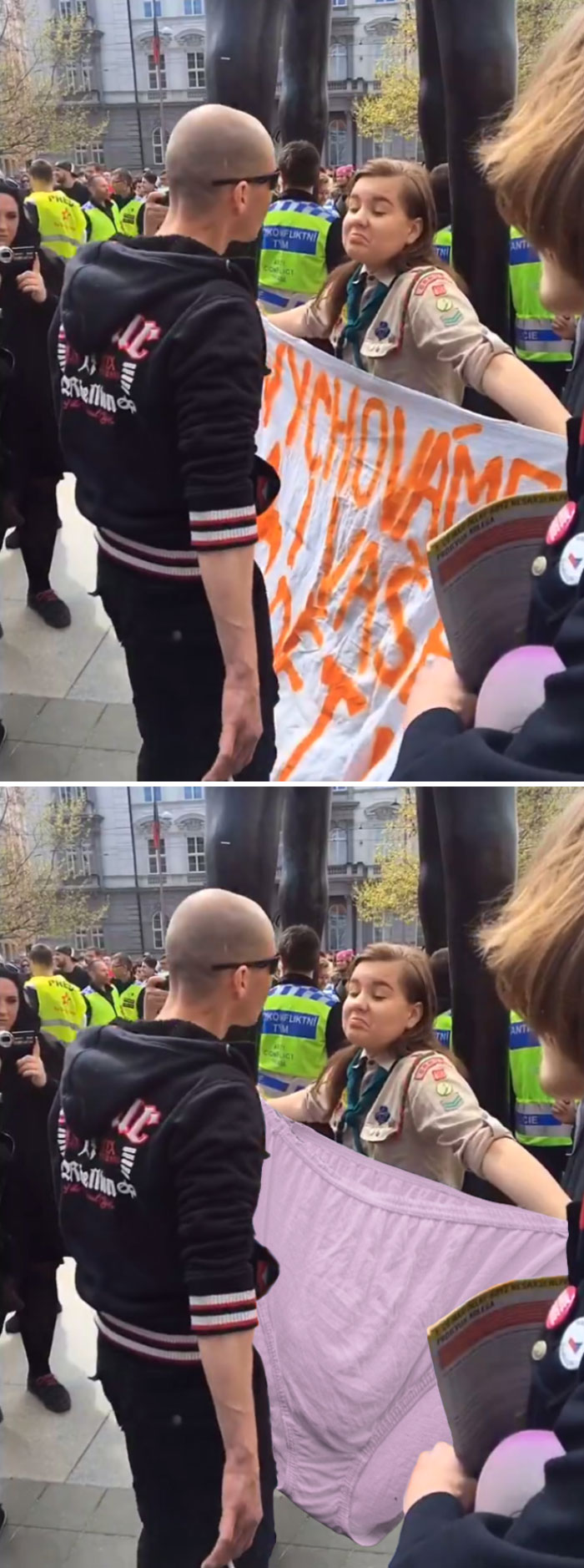 Girl Scout Shrugs At A Neo-Nazi