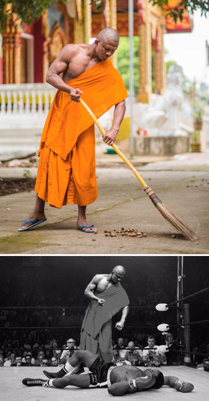A Muscle-Ridden Monk Sweeping A Sidewalk