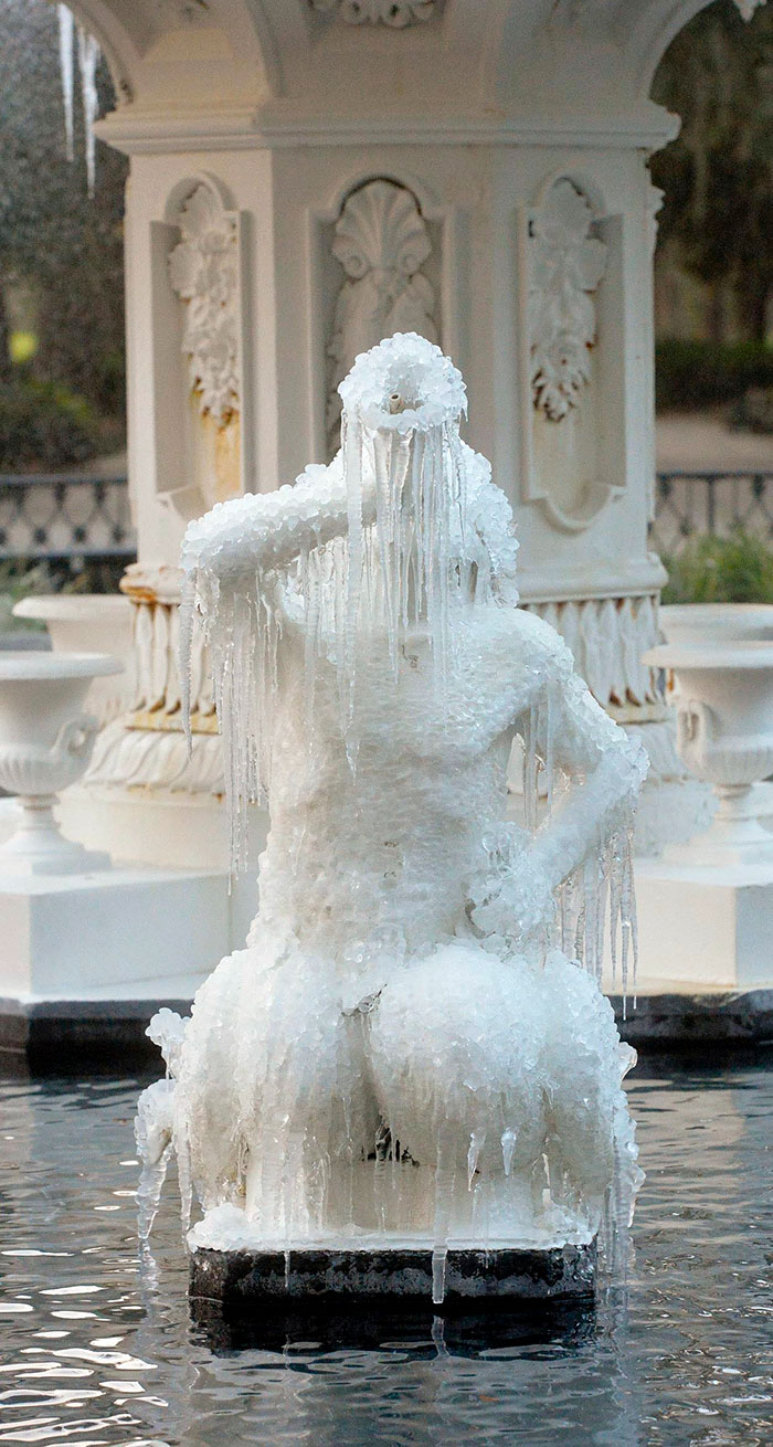 Icicles Form On The Tritons In The Forsyth Park Fountain
