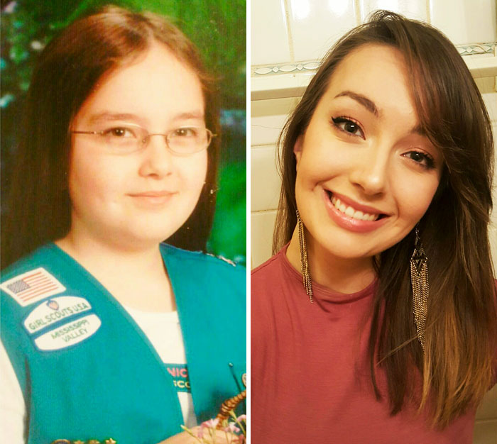 4th Grade Me & 22 Year Old Me. The Photographer Even Made Me Push My Glasses Up Because I Liked To Wear Them On The Tip Of My Nose