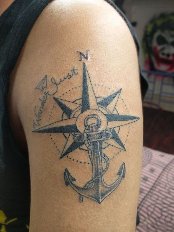 Wanderlust Tattoo To Keep Me Motivated To Travel & Explore The Fullest. Also, The Anchor Is To Remind Me That I Will Always Have A Place To Be Loved, Mum & Dad.